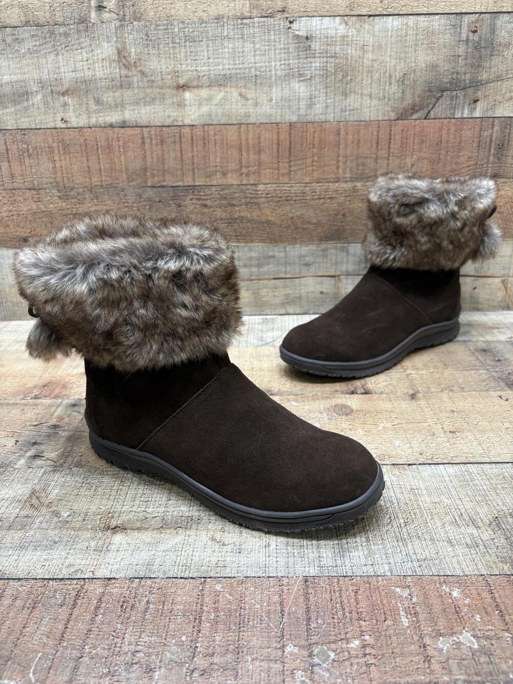 Minnetonka Boots Womens Size 9 40 Brown Leather Ankle Faux Fur Lined Winter